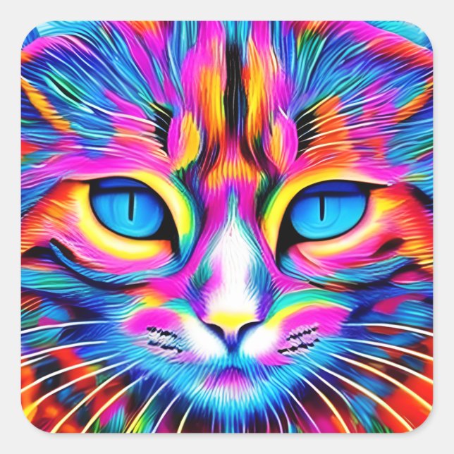 Beautiful Blue Eyed Colourful Ai Generated Cat Square Sticker (Front)