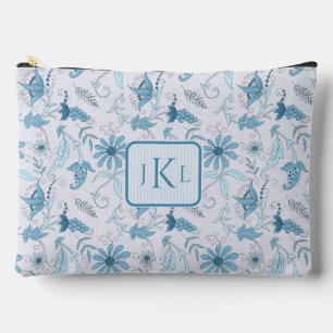 Beautiful Blue Floral and Blue Striped Monogrammed Accessory Pouch