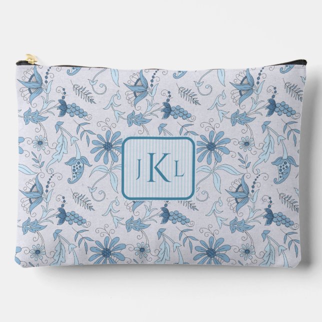 Beautiful Blue Floral and Blue Striped Monogrammed Accessory Pouch (Front)