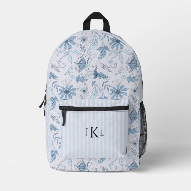 Beautiful Blue Floral and Blue Striped Monogrammed Printed Backpack (Front)
