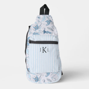 Beautiful Blue Floral and Blue Striped Monogrammed Sling Bag