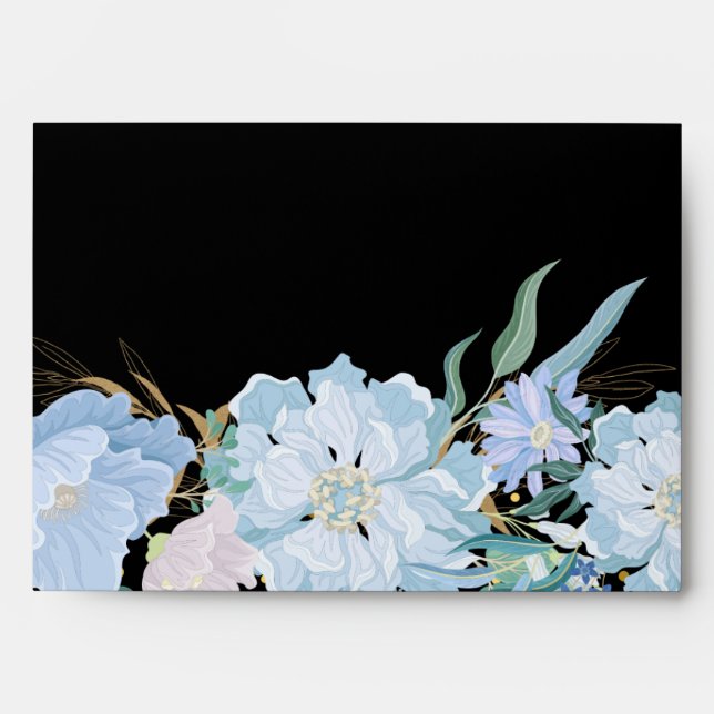 Beautiful Blue Floral Black Gold Envelope (Front)