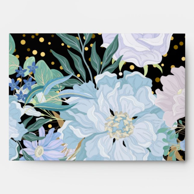 Beautiful Blue Floral Black Gold Envelope (Front)