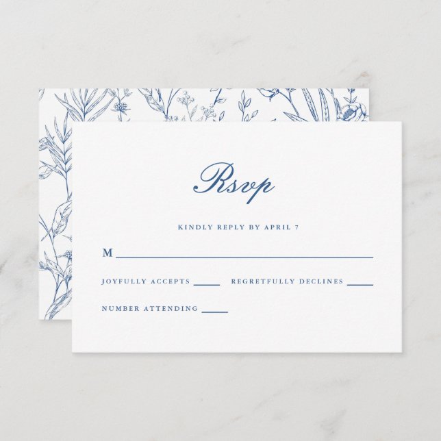 Beautiful Blue Floral Classic Wedding Rsvp (Front/Back)