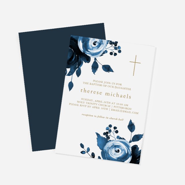 Beautiful Blue Floral Cross Baptism Invitation (Creator Uploaded)