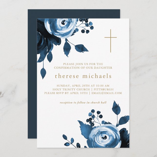 Beautiful Blue Floral Cross Confirmation Invitation (Front/Back)