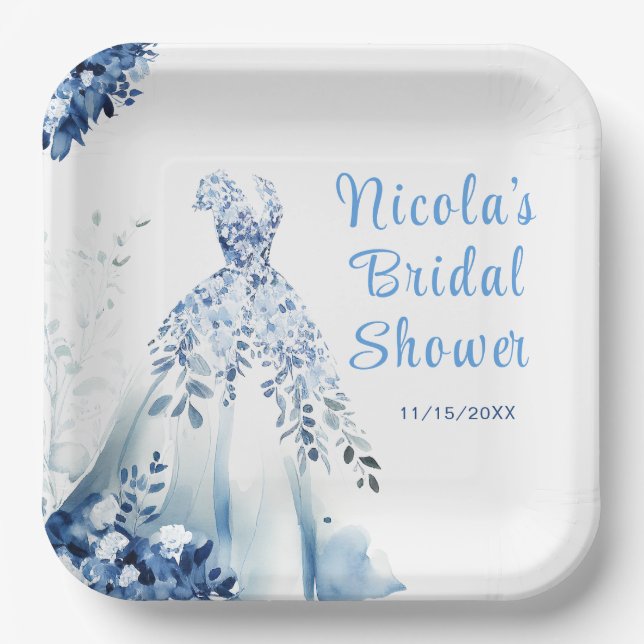 Beautiful Blue Floral Dress Bridal Shower Paper Plate (Front)