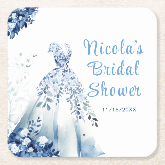 Beautiful Blue Floral Dress Bridal Shower Square Paper Coaster (Front)