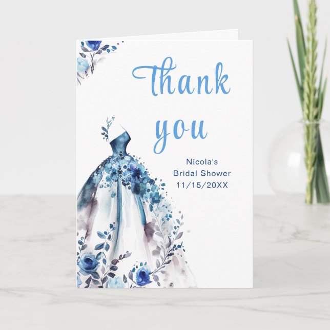 Beautiful Blue Floral Dress Bridal Shower Thank You Card (Front)