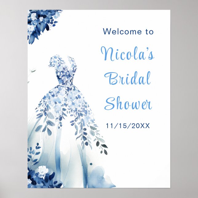 Beautiful Blue Floral Dress Bridal Shower Welcome Poster (Front)