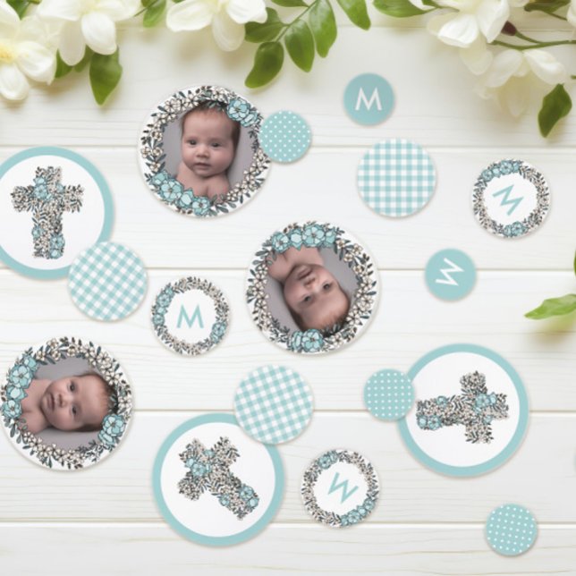 Beautiful Blue Floral Frame Cross Photo Baptism Confetti (Creator Uploaded)