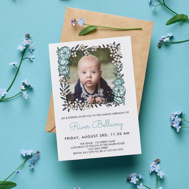 Beautiful Blue Floral Frame Photo Naming Ceremony Invitation (Creator Uploaded)