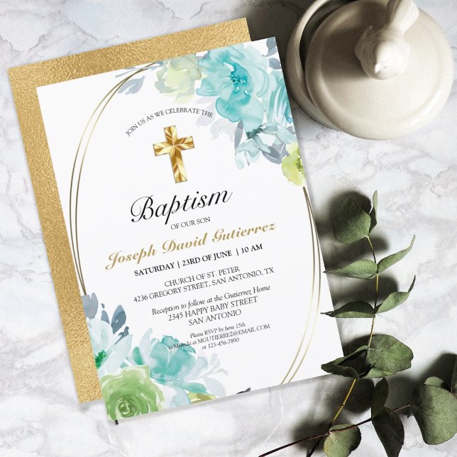 Beautiful Blue Floral Gold Cross Baby Baptism Invitation (Creator Uploaded)