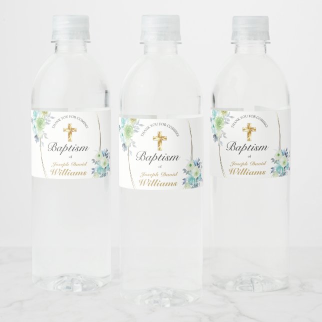 Beautiful Blue Floral Gold Cross Baby Baptism   Water Bottle Label (Bottles)