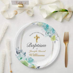 Beautiful Blue Floral Golden Cross Baby Baptism Paper Plate