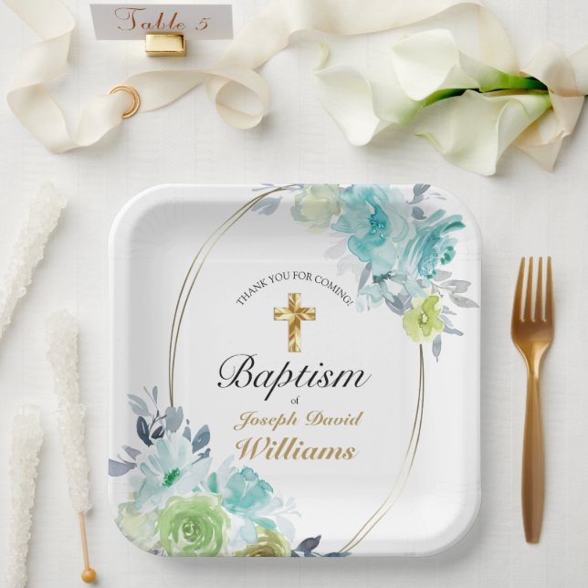 Beautiful Blue Floral Golden Cross Baby Baptism  Paper Plate (Wedding)