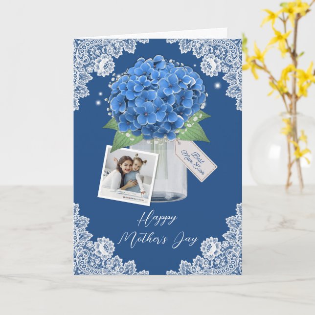 Beautiful Blue Floral Photo Happy Mother's Day Card (Yellow Flower)