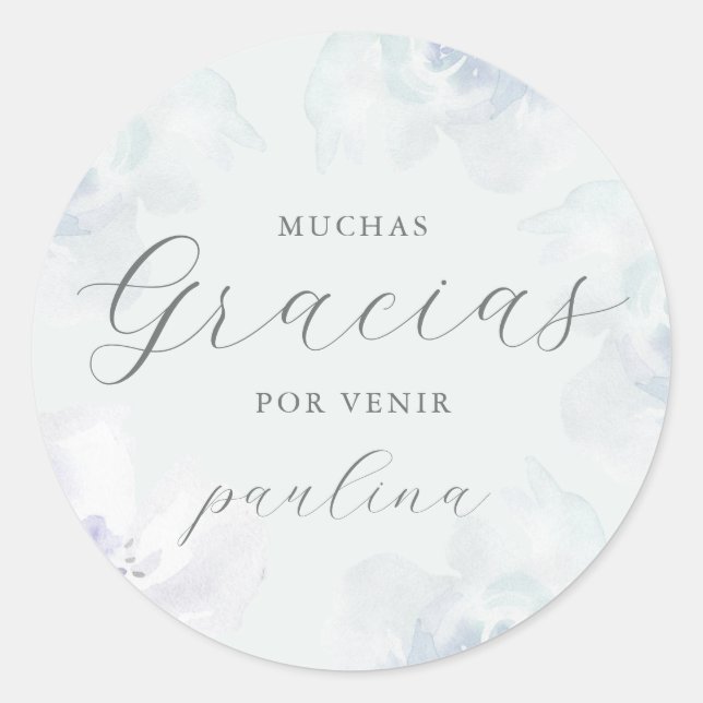 Beautiful Blue Floral Quinceañera Gracias Name Classic Round Sticker (Front)