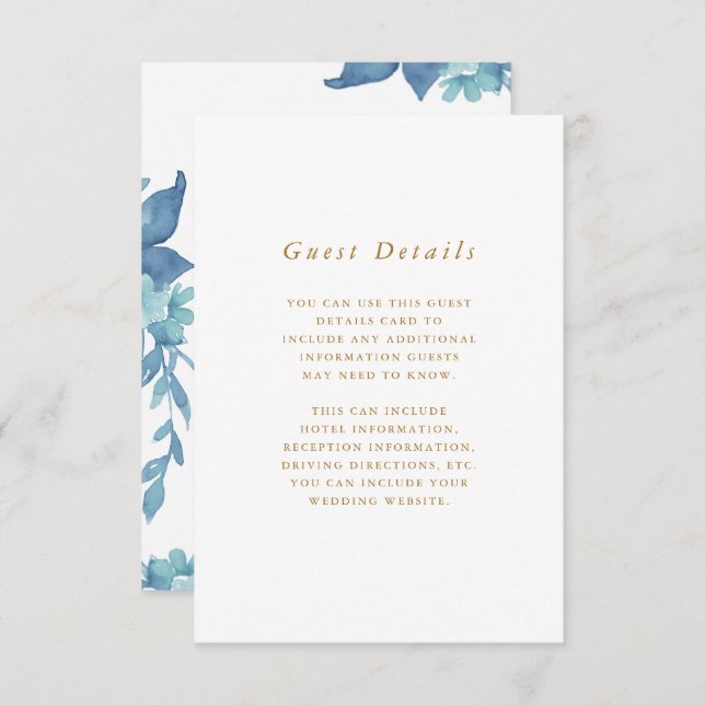 Beautiful Blue Floral Wedding Guest Detail Enclosure Card (Front/Back)