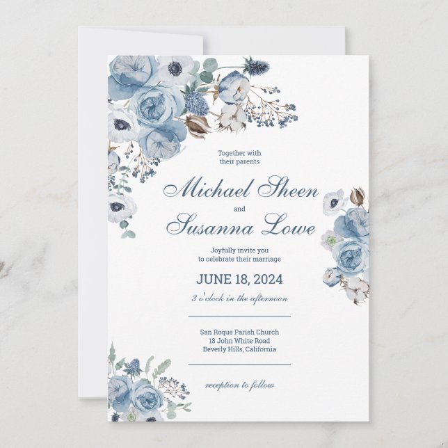 Beautiful Blue Floral Wedding Invitation (Front)
