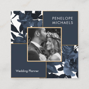Beautiful Blue Floral with Photo Square Business Card