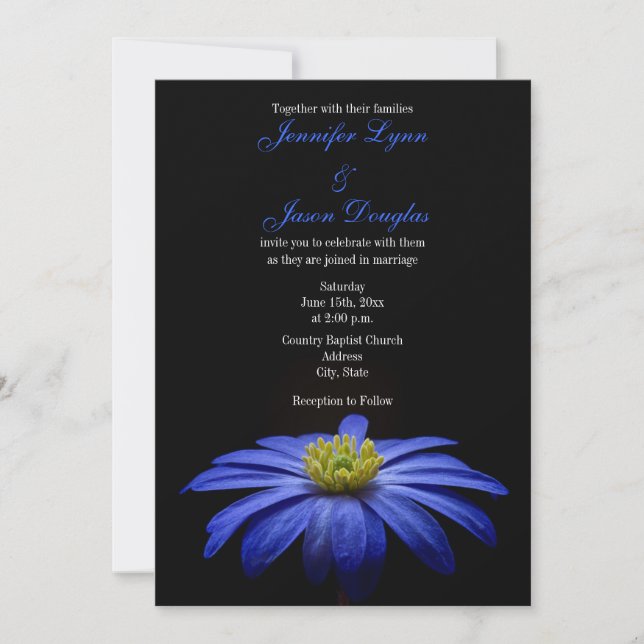 Beautiful Blue Flower on Black Wedding Invitations (Front)