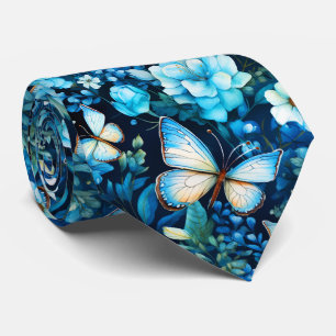 Beautiful Blue Flowers and Butterflies  Tie