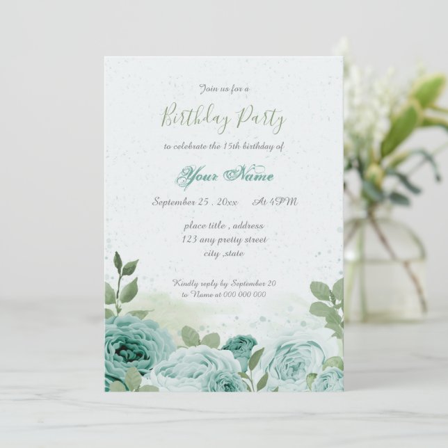 beautiful blue flowers green leaves birthday invitation (Standing Front)