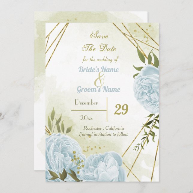 beautiful blue flowers green leaves botanical save the date (Front/Back)