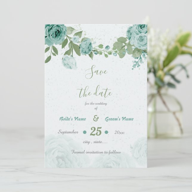 beautiful blue flowers greenery botanical save the date (Standing Front)