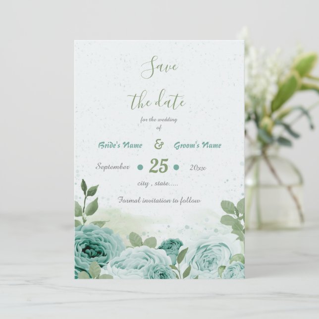 beautiful blue flowers greenery botanical save the date (Standing Front)