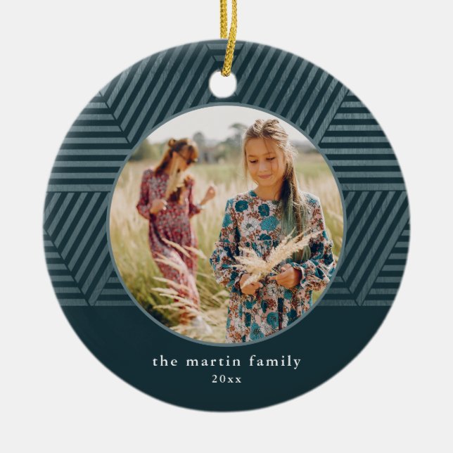 Beautiful Blue Geometric Pattern Photo Christmas Ceramic Tree Decoration (Front)