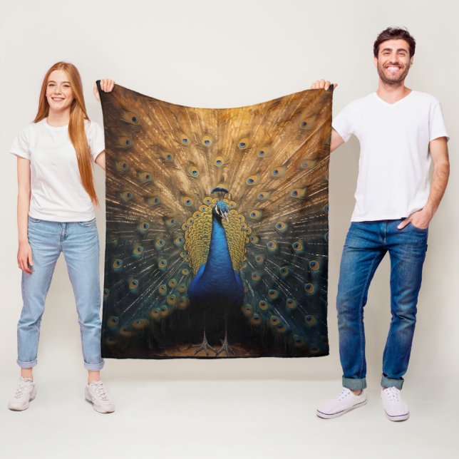 Beautiful blue gold peacock fleece blanket (In Situ)