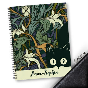 Beautiful Blue Green Art Nouveau Funny Cat Notebook