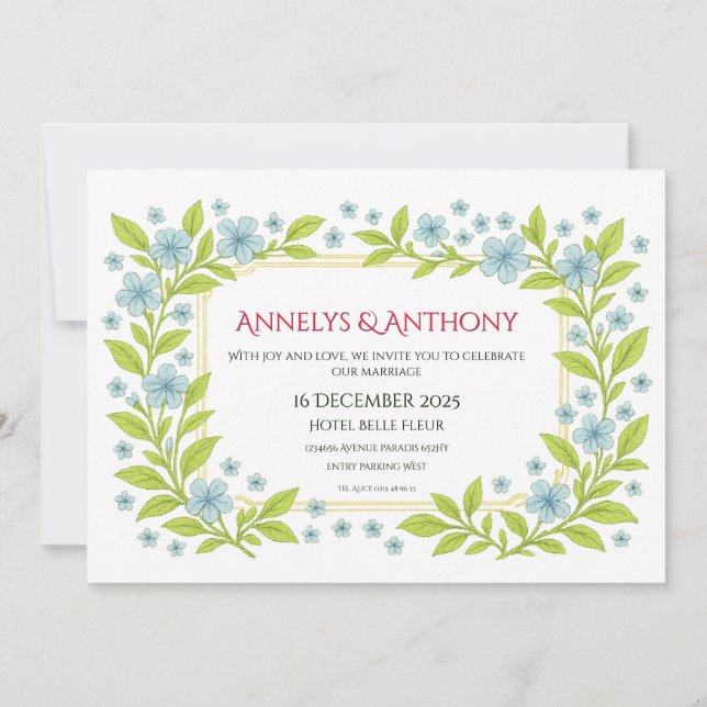 Beautiful blue green Floral Wedding invitation (Back)