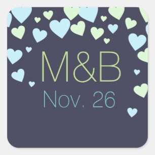 beautiful blue & green love hearts wedding square sticker