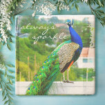 Beautiful Blue Green Peacock Always Sparkle Quote Stone Coaster<br><div class="desc">“Always sparkle.” There’s nothing quite as stunning as a royal blue peacock with its green gem-hued feathers. Celebrate its beauty every day on this photography stone coaster while you relax with your favourite beverage. You can easily personalise this stone coaster plus I also offer customisation on any product. Please message...</div>