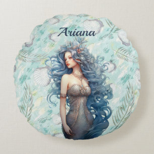 Beautiful Blue-Haired Mermaid Round Cushion
