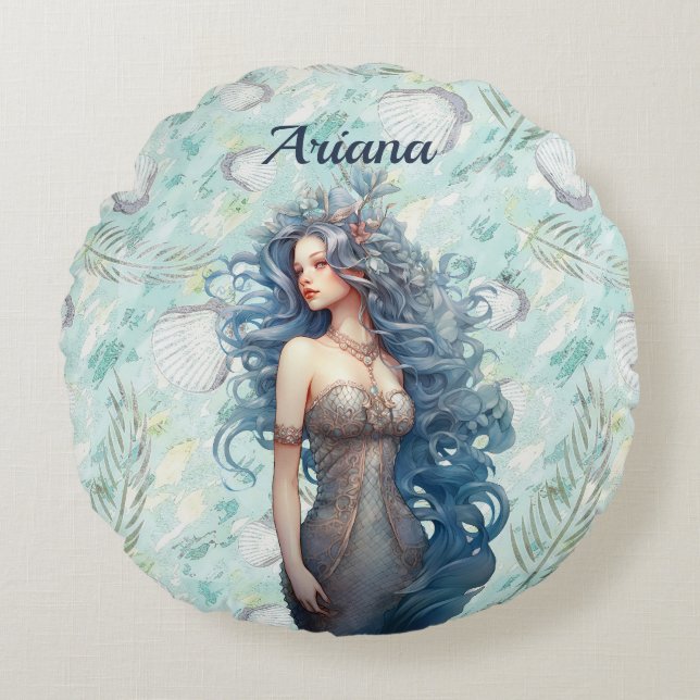 Beautiful Blue-Haired Mermaid  Round Cushion (Front)