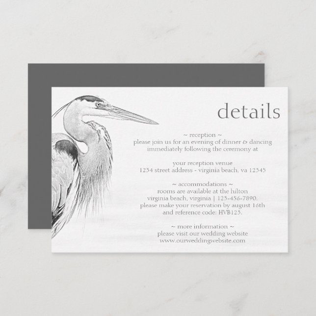 Beautiful Blue Heron Bird Sketch Wedding Details Enclosure Card (Front/Back)