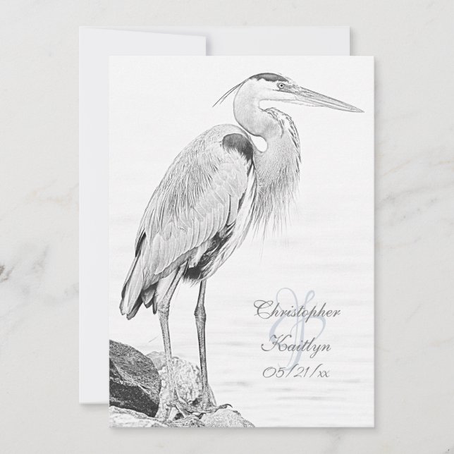 Beautiful Blue Heron Water Bird Sketch Wedding Invitation (Front)