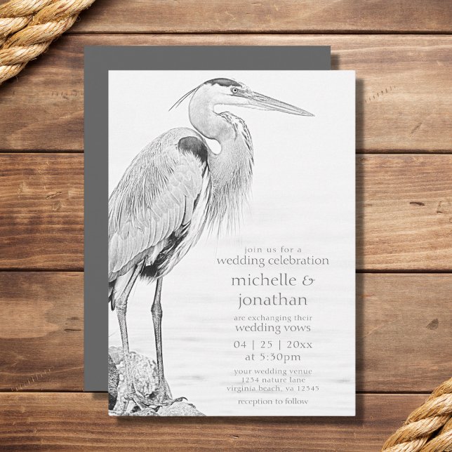 Beautiful Blue Heron Water Bird Sketch Wedding Invitation (Creator Uploaded)