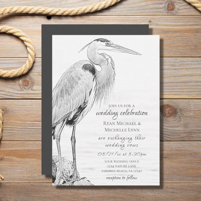 Beautiful Blue Heron Water Bird Sketch Wedding Invitation (Creator Uploaded)
