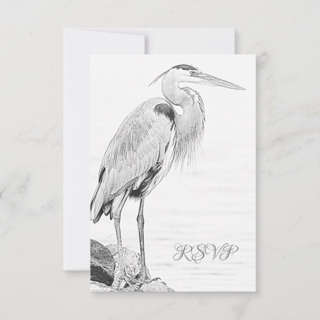 Beautiful Blue Heron Water Bird Sketch Wedding RSVP Card (Front)
