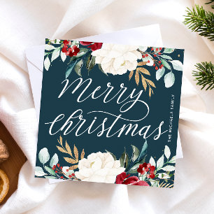 Beautiful Blue Holiday Floral Christmas Card