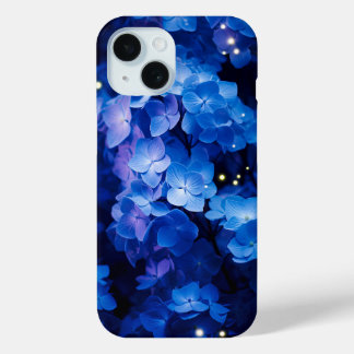 Beautiful Blue Hydrangea Flowers in Night iPhone 15 Case