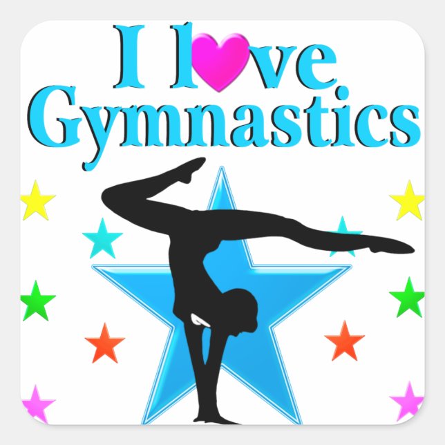 BEAUTIFUL BLUE I LOVE GYMNASTICS DESIGN SQUARE STICKER (Front)