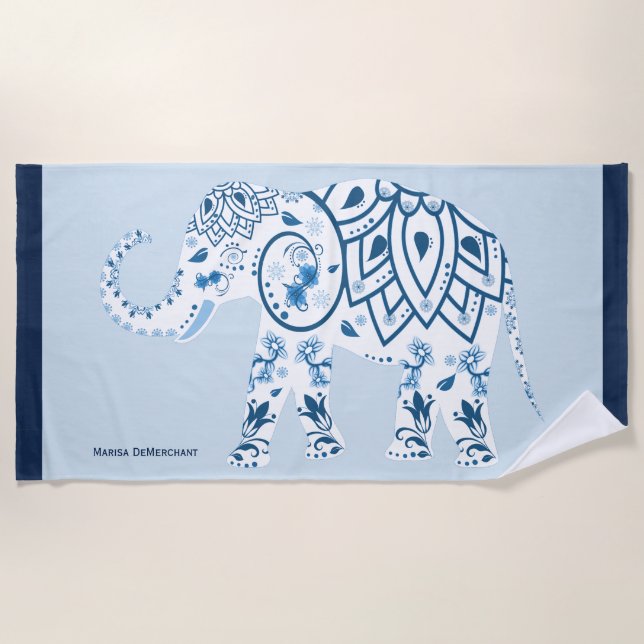Beautiful Blue India Elephant Name Beach Towel (Front)