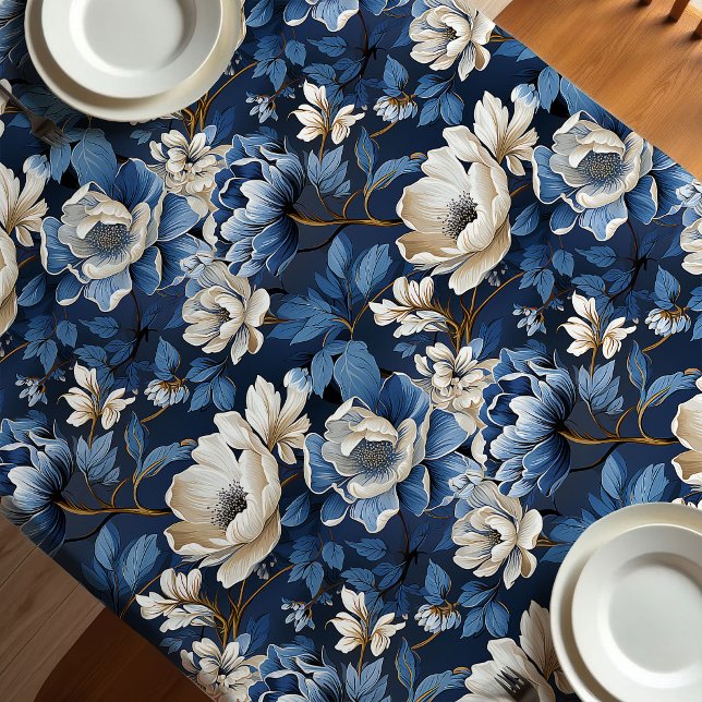 Beautiful Blue Ivory Floral Elegant Tablecloth (Beautiful Blue Ivory Floral Elegant Tablecloth)