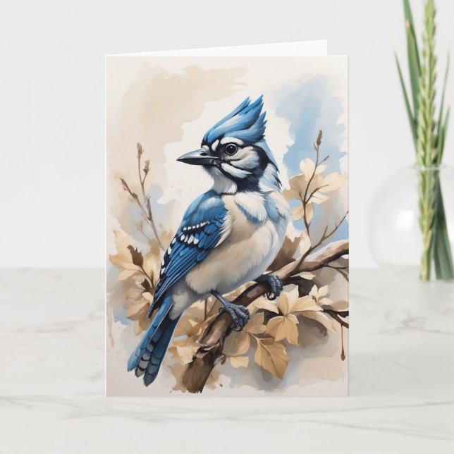 Beautiful Blue Jay Sitting in Tree Leaves Blank Card (Front)